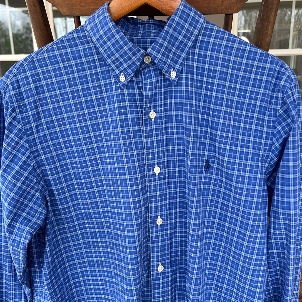Ralph Lauren Men’s Classic Fit Shirt Blue Plaid‎ 100% Cotton Stretch Button Up M